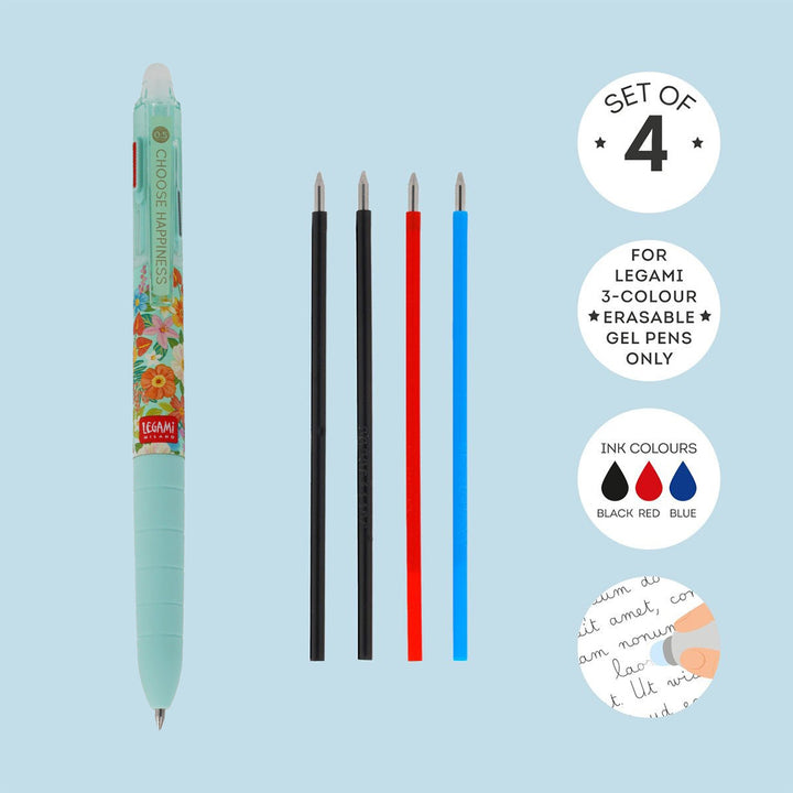 Legami - Set de 4 Recargas para Bolígrafo de Gel Borrable de 3 Colores | Happy Flowers