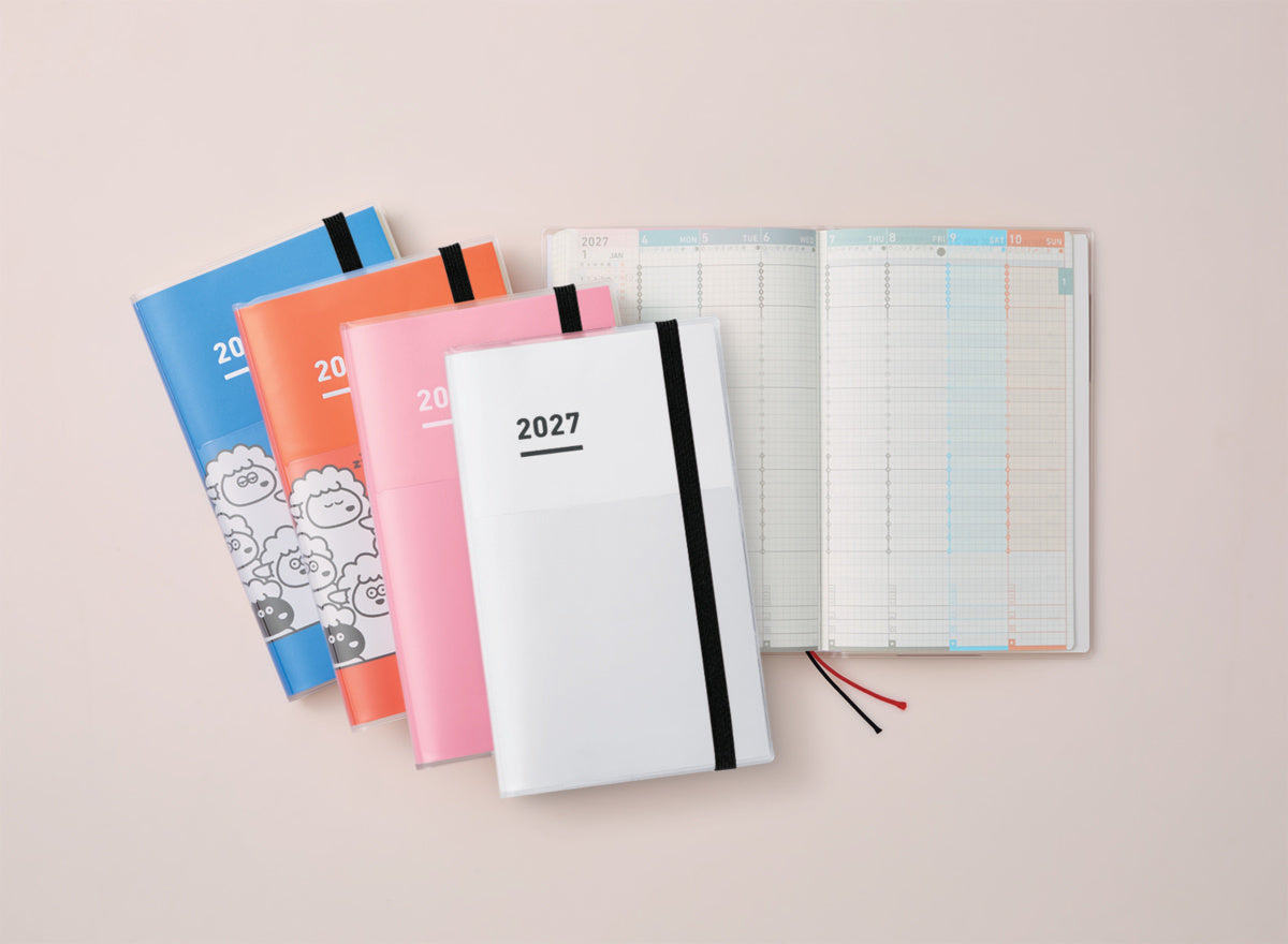 Kokuyo - Jibun Techo 2027 First Kit | Agenda semanal A5 Slim | Ovejas · Naranja — interior y detalles