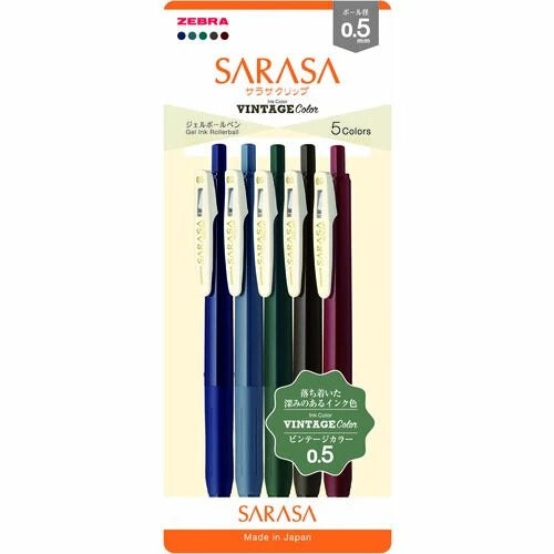 Zebra - Sarasa Clip Vintage Color Gel Pens 0.5mm | Set of 5 Pens 
