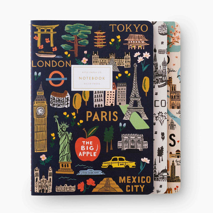 Rifle Paper Co. - Stitched Notebooks Set de 3 Cuadernos | Hojas con Líneas | Bon Voyage