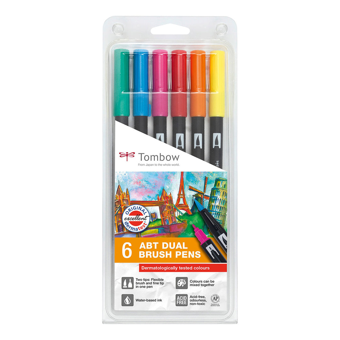 Tombow - Set of 6 ABT Dual Brush Markers | Dermatologically Tested Colors